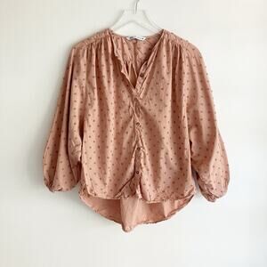 Zara XS Swiss Dot Peasant Blouse Button Orange Brown Casual Spring Summer